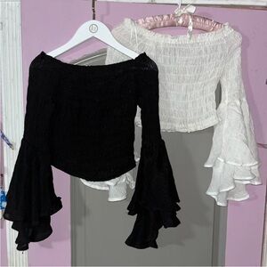Chic Cropped Smocked Off-Shoulder Bell Sleeve Blouses